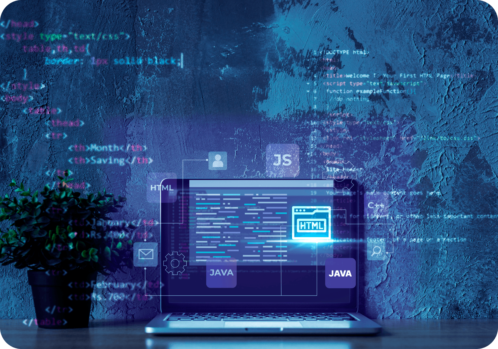 Laptop with code and tech overlays